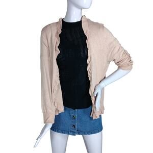 Fine Knit Open Cardigan Ruffled Edge All Around Long Sleeve Size Large Nude